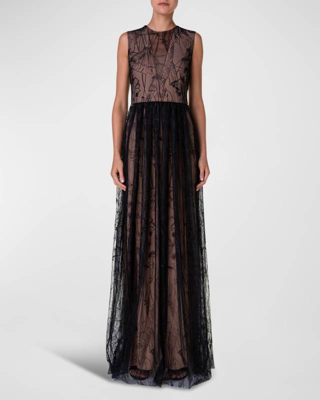 Belted Tulle Gown with Croquis Embroidered Details